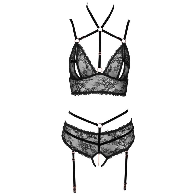 Bralette plus Straps-Slip aus Spitze mit Samtdetails Bralette plus Straps-Slip aus Spitze mit Samtdetails